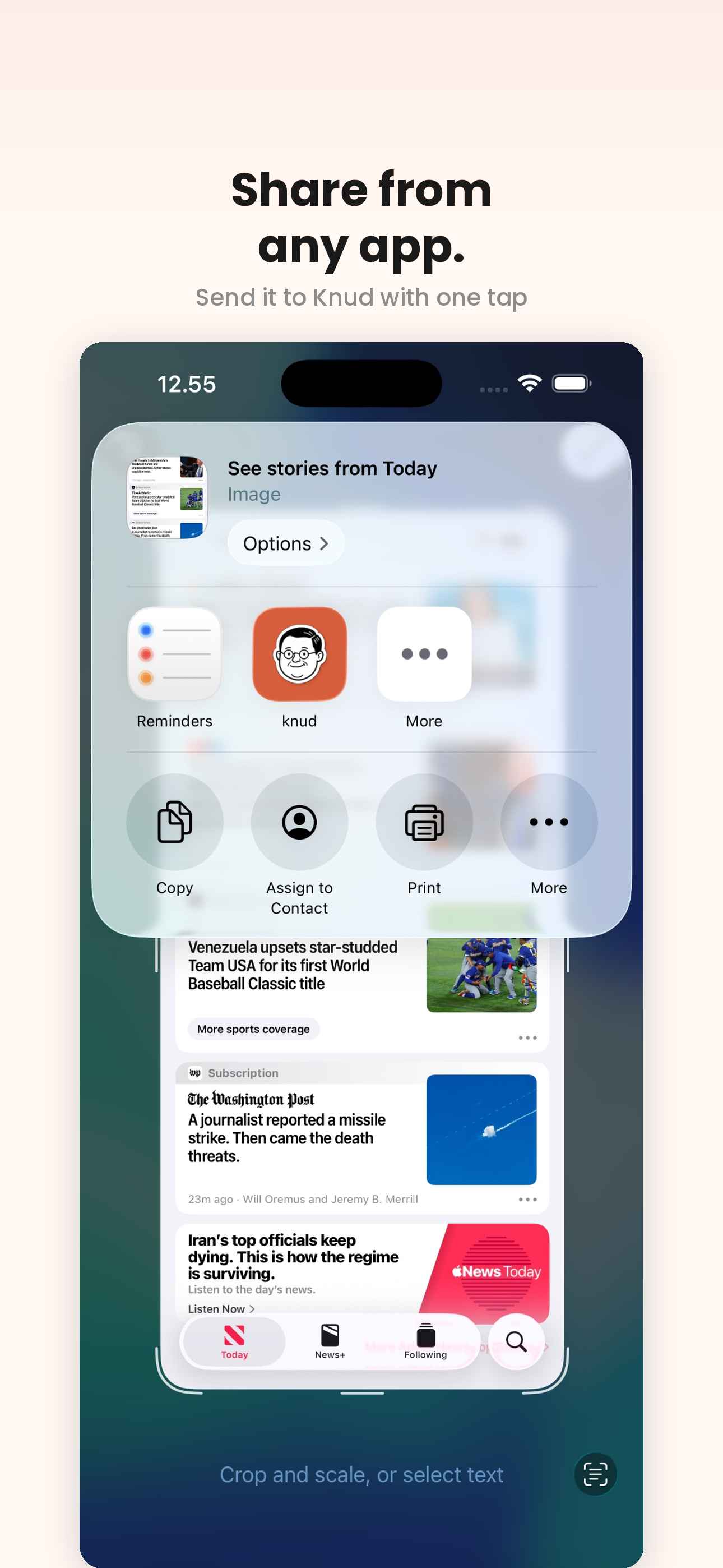 iOS share sheet with Knud selected